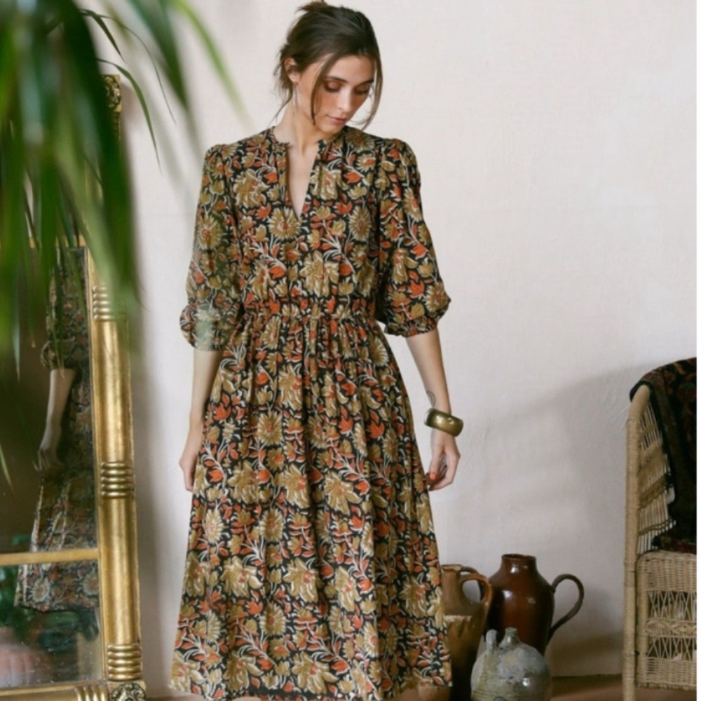 Mille Celeste Brown Midi Dress with Puff Sleeves